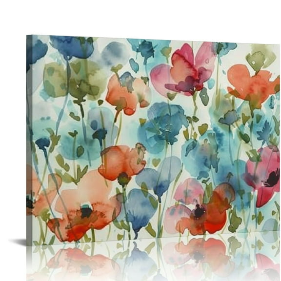 Nawypu - Watercolor Teal Coral Wall Decor Bedroom Canvas Art Aqua Orange Flower Canvas Print Poppy Painting Artwork Modern Living Room Pictures Wall Decoration