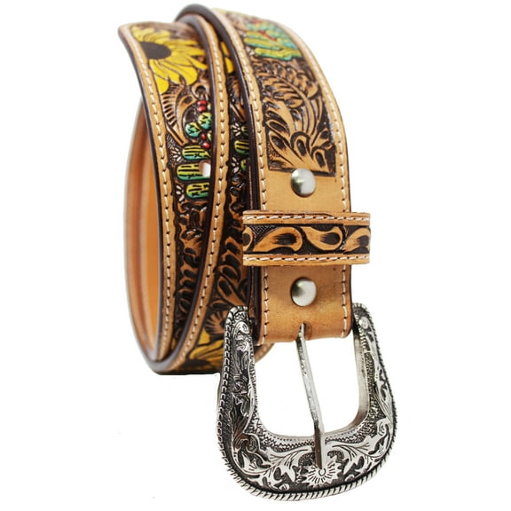Challenger Men's 1-1/2" Wide Tan Leather Floral Tooled Casual Jean Belt 26FK23