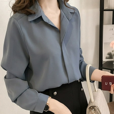 Women's Wear Simple Lapel Long Sleeve Chiffon Pure Color Shirt Hot