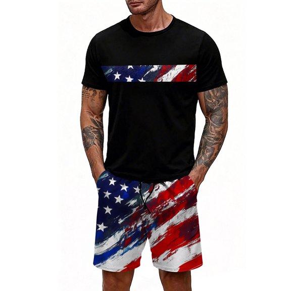 GrmtClth Usa Flag 2 Piece Outfits for Men Independence Day 1776-2026 Tee and Shorts Set Breathable Short Sleeve Outfit Trendy Elastic Drawstring Clothes Watermelon Red 3XL