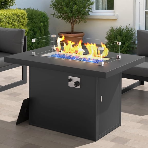 RADIATA 43" Aluminum Propane Fire Pit Table, 60,000 BTU Outdoor Gas Firepit, Rectangle CSA-Certified Patio Fireplace with Wind Guard & Glass Rocks, Rust-Proof Dark Gray Fire Table for Deck Poolside