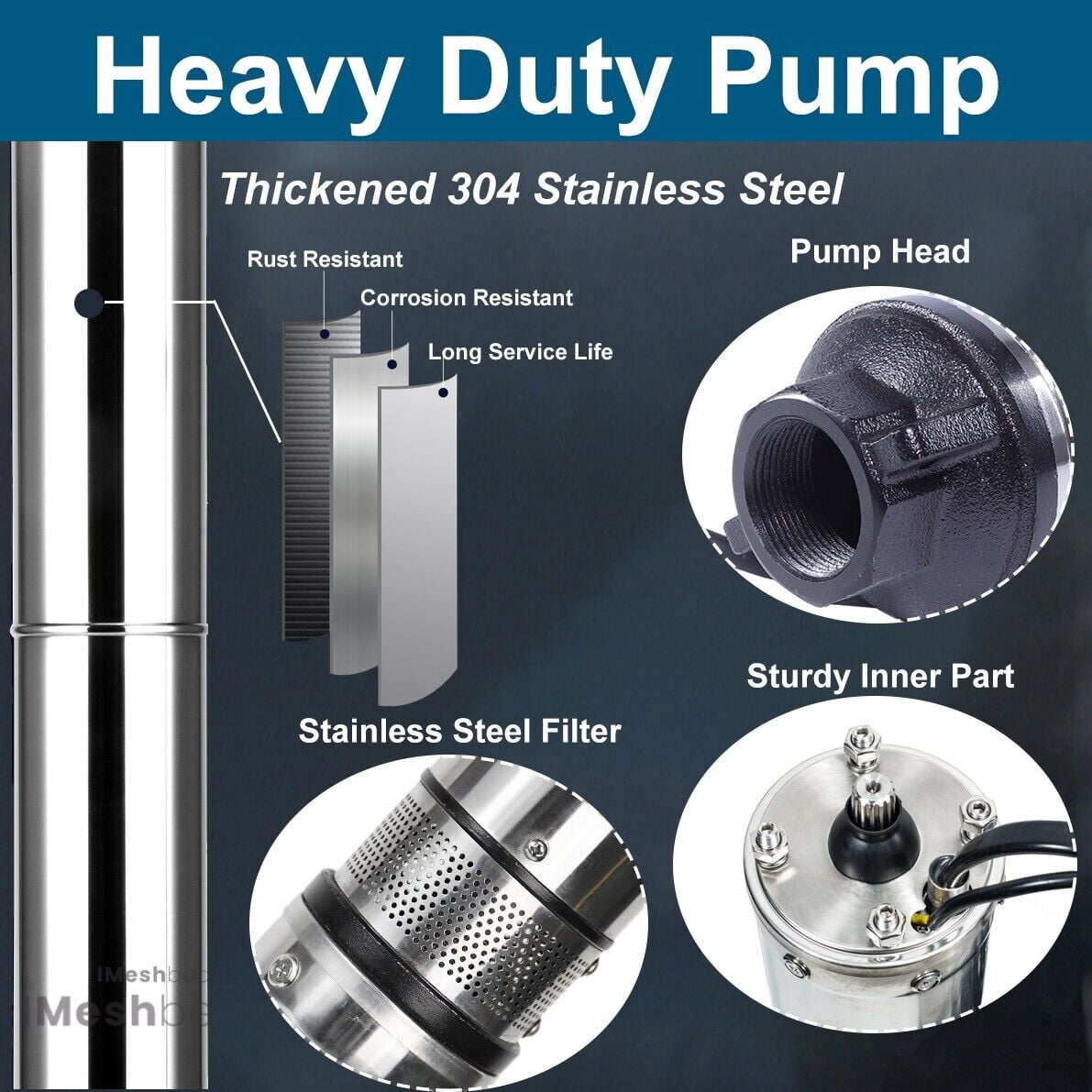 iMeshbean Deep Submersible Well Pump 1HP 33GPM 276ft Head with 100ft Electric Cable,110V 1-1/4" NPT Stainless Steel Water Pump 4" Water Pumps for Industrial, Irrigation and Home Use
