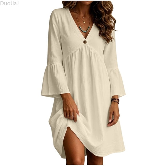 DuoJiaJ Womens Casual Dress, V Neck Long Sleeve Loose Fit Dresses Beige S-2XL