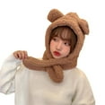 thumbnail image 1 of Women Hat Bear Ear 2-In-1 Solid Color Ears Protection One-piece Autumn Winter Anti Slip Fluffy Beanie Hat Scarf Riding Supplies, 1 of 10