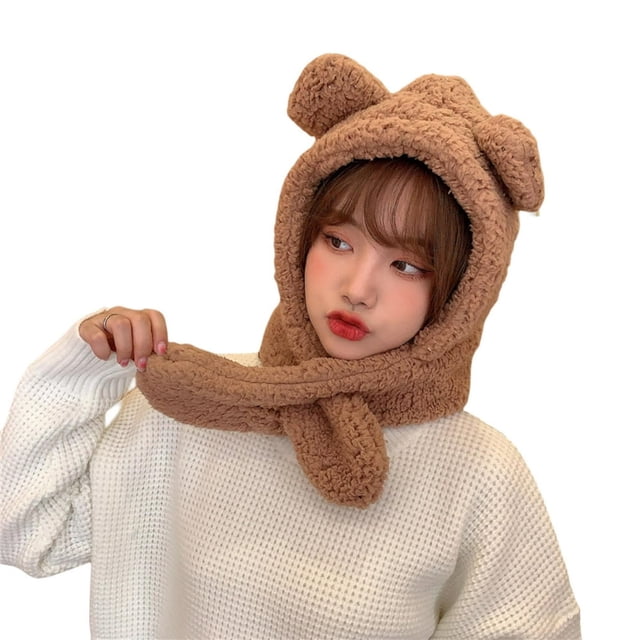 Women Hat Bear Ear 2-In-1 Solid Color Ears Protection One-piece Autumn Winter Anti Slip Fluffy Beanie Hat Scarf Riding Supplies