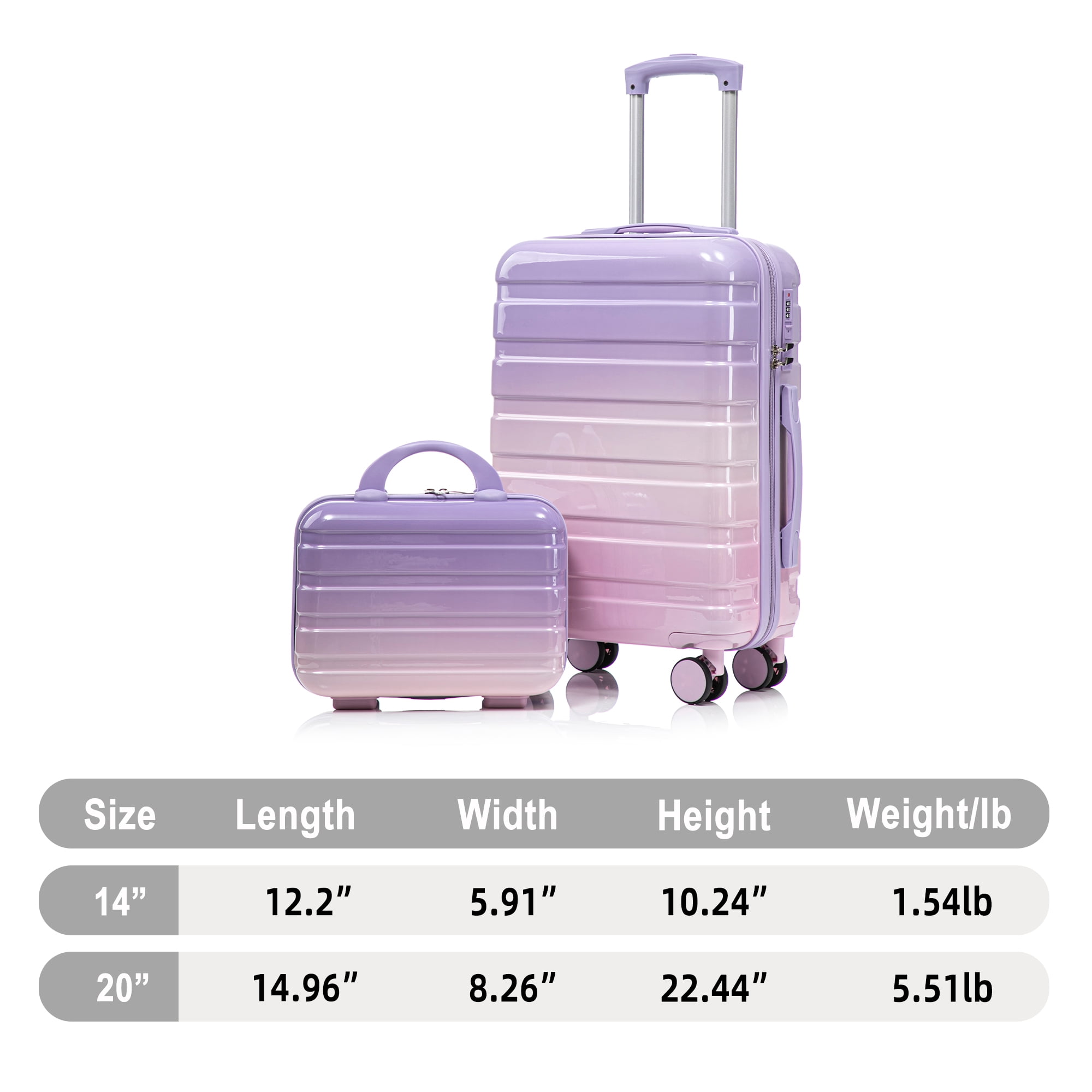 14"/20" 2 pcs/set in PC Spinner Wheel Luggage, Carry on Suitcase, With Gradient Color and Combination Lock(Pink+Purple)