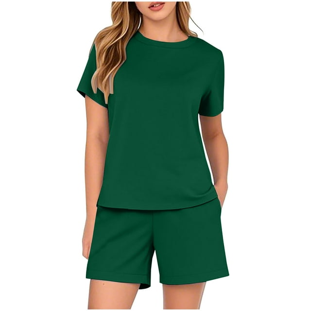 GreatBaby Women's Spring and Summer Casual Solid Color Short Sleeved Shorts Two Piece Set Lightweight Breathable Fashion Set