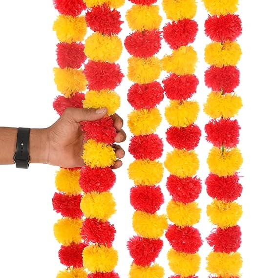 Artificial Fluffy Marigold Flower/Genda Phool Garlands | 5 Feet Long Garlands String Door Toran Set for Diwali | Door Hangings for Decoration (Yellow-Red Mix Mala, 5 Piece)