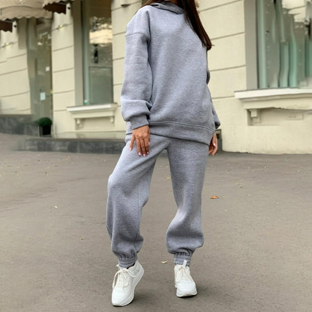 2 unids mujeres chándal traje jersey manga larga capucha calientes pantalones de sudor traje conjunto trajes otoño invierno para jogging Gris m Soledad Chándal de sudor