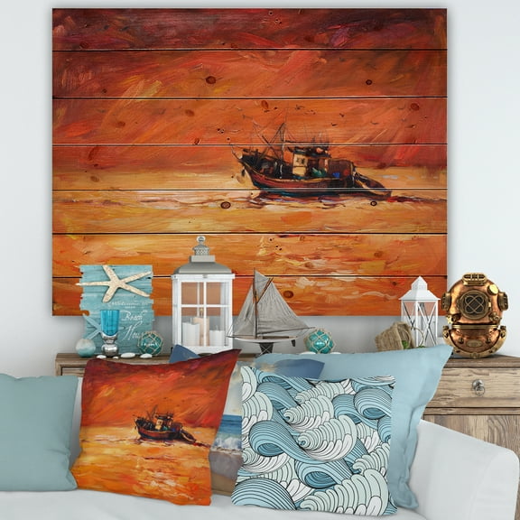 Designart 'Fishing Boat During Red Evening Glow' Nautical & Coastal Print on Natural Pine Wood