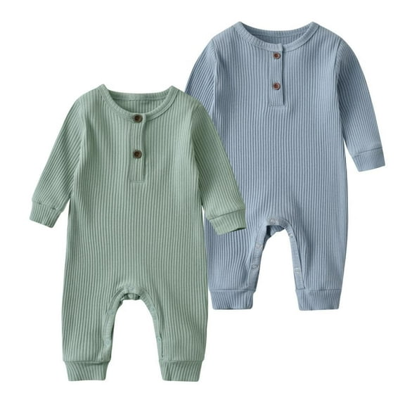 Newborn Infant Baby Boy Girl Solid Romper Long SleeveOne Piece Jumpsuits Clothes Sets Blue & Light Green 0-3 Months