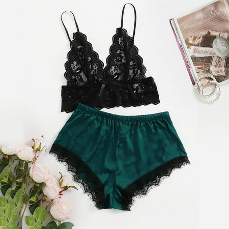 

JERDAR Pajamas for Women New Sexy Lace Lingerie Silk Underwear Sleepwear Underwear Pajamas Satin Green XL