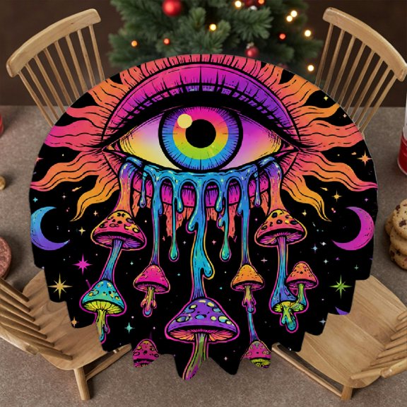 RKSupls Neon Cauldron Mushroom Moon Rainbow Pattern Stain Resistant & Washable Decor, Festive Table Setting - Kitchen Accessories Round Tablecloth, Wedding, Party, Home Dining