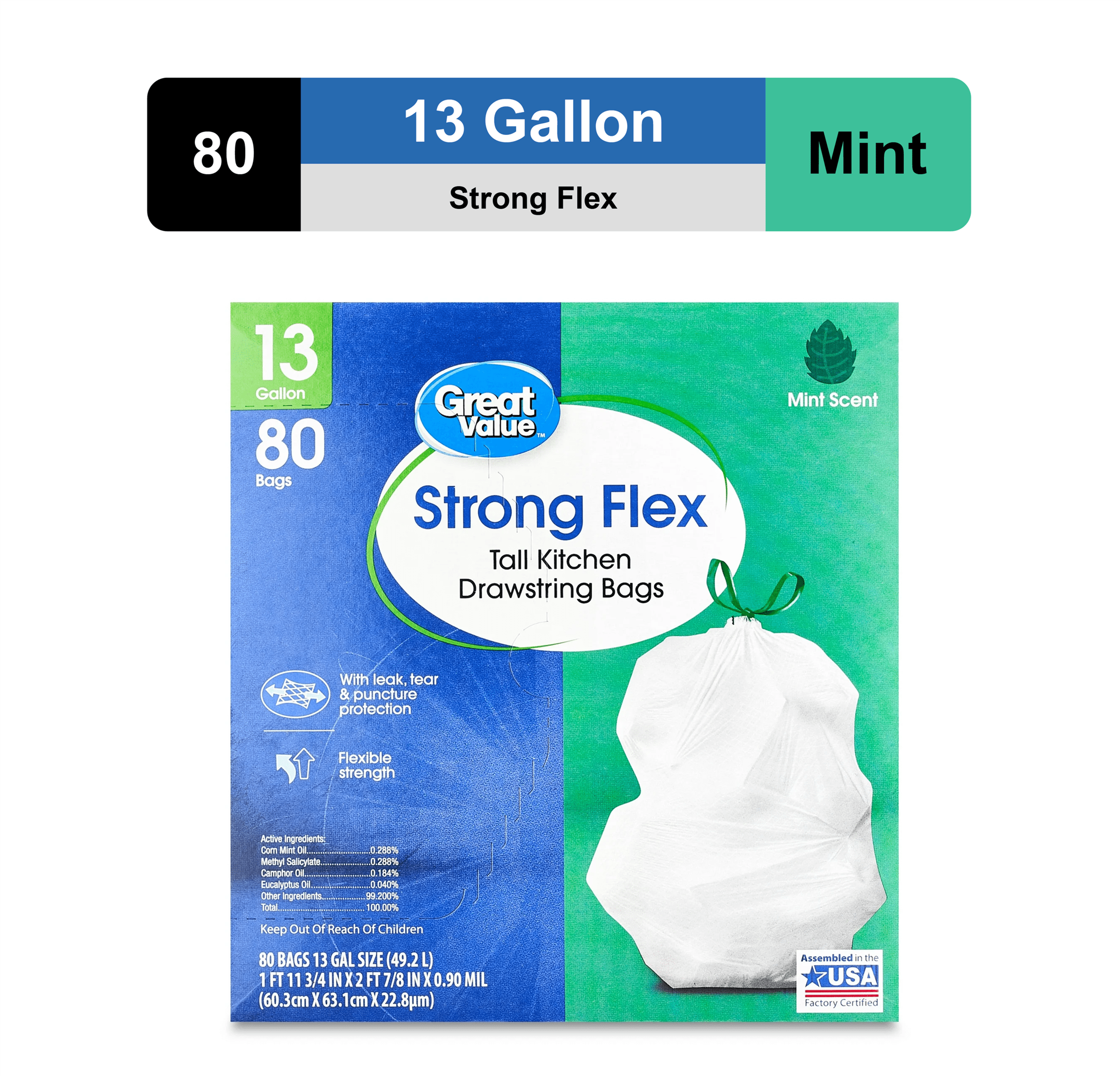 (6 pack) Great Value Trash Bags LW3335B40F Scented, Rodent Repellent 13 gal White Drawstring Regular Kichen Lawn & Leaf Wastebasket Liners, Mint, 1 Pack