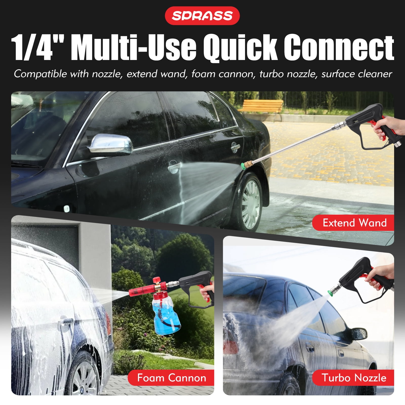 Short Pressure Washer Gun, 4350 PSI Power Washer Trigger Gun with 1/4" Quick Connect, 3/8" Male Plug, M22-14mm & 15mm Fittings, Compatible with Foam Cannon