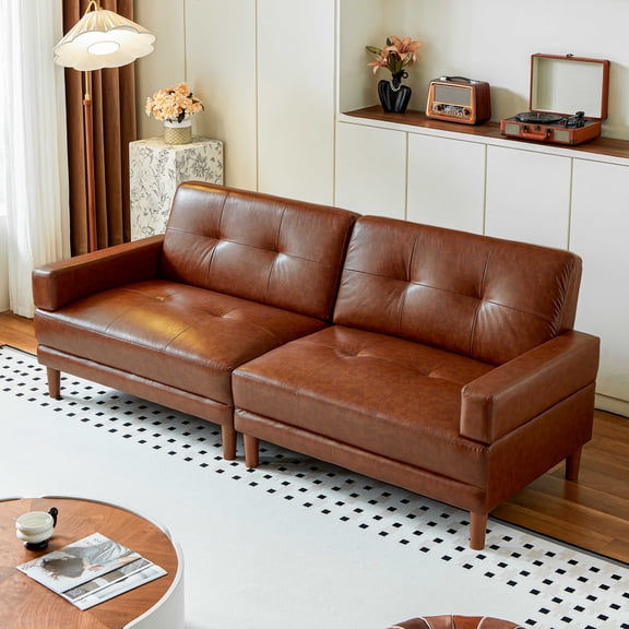 90.6''W Brown Oversized Leather Sofa, Luxurious 4-seater Modular Sectional Couch with Deep Seats and Wide Armrests, Mid-century Modern Tufted Upholstered Loveseat Sofa for Living Room