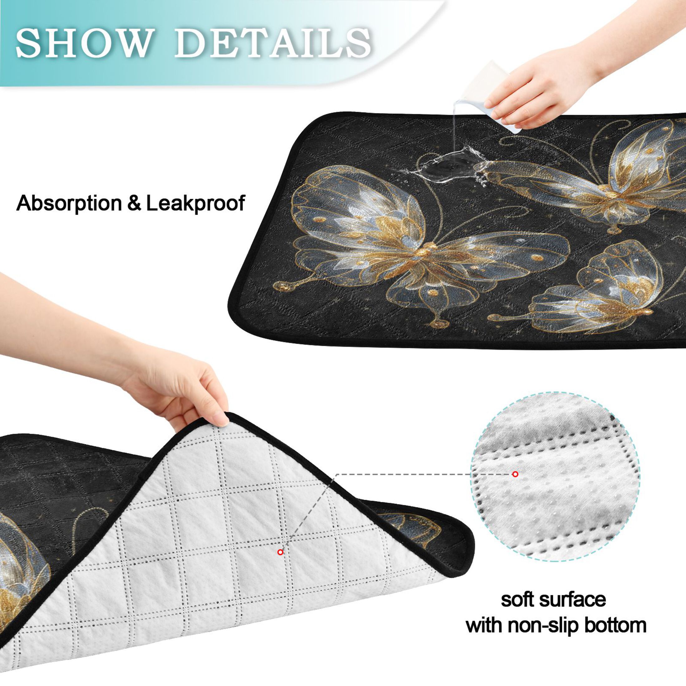 Qxltty Gold Transparent Butterfly Cat litter Pads Pet Set of 2 Diaper Mats Center Anti-leakage Layer Absorbent Soft and Comfortable
