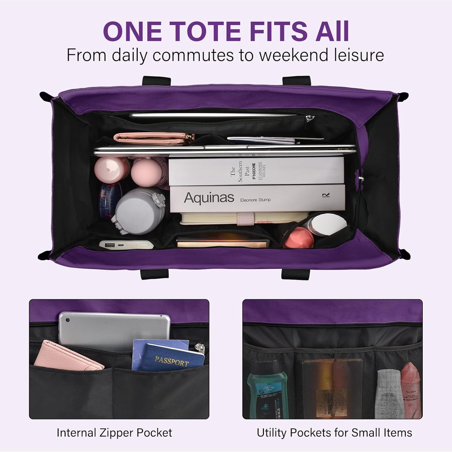 Omlopp Large Tote Bag for Women Waterproof with 12 Pockets Top Zipper Closure Utility Teacher Nurse Bags for Work School-Purple-Large