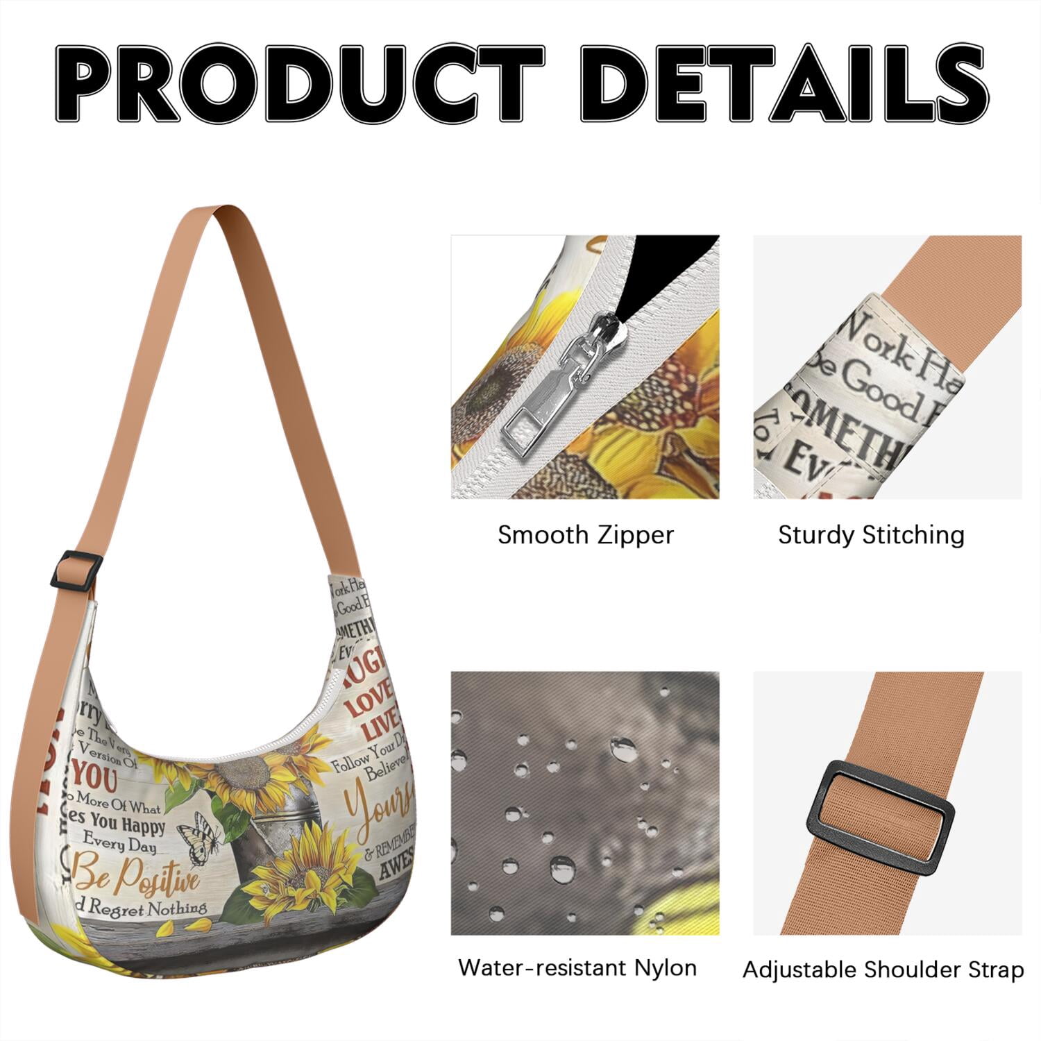 Casual Crossbody Purse for Women – Lightweight & Spacious, Boho Sunflower and Butterfly Floral Print, Rustic Vintage Country Style, Water-Resistant Durable Purse