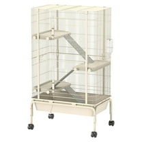 SAZYY 47" Small Animal Cage, 4 Levels Large Rolling Metal Cage with 5.9" Deep Tray, Ramps, Water Bottle & Food Dish - Beige