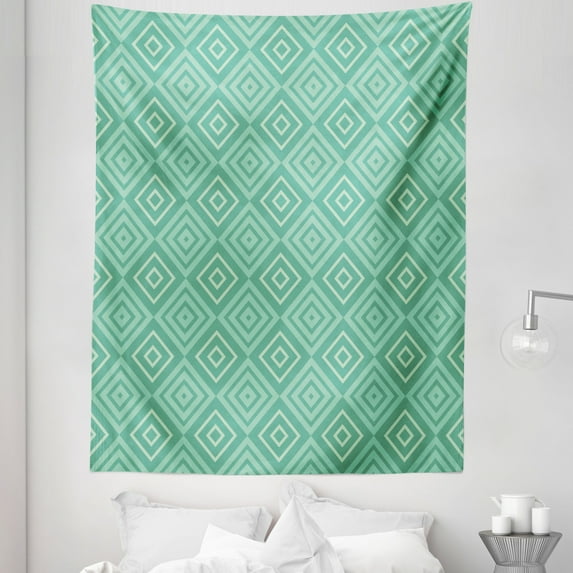 Mint Tapestry, Vertical Nested Squares Diamond Line Pattern Geometrical Classy Print, Fabric Wall Hanging Decor for Bedroom Living Room Dorm, 5 Sizes, White Almond Green Mint, by Ambesonne