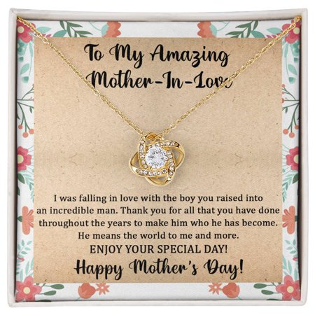 Mother-In-Law, Make Him Who He Has Become, Love Knot Beautiful Necklace, Message Card and Box, White Love Knot Necklace