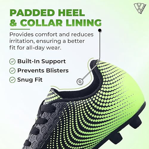 Vizari USA Stealth Firm Ground Soccer Cleats for Kids – Durable, Lightweight Athletic Shoes for Boys and Girls, Black/Green, 13.5