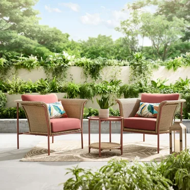 Open Box Better Homes & Gardens Trezza 3-Piece Steel and Wicker Outdoor Chat Set with Cushions, Red