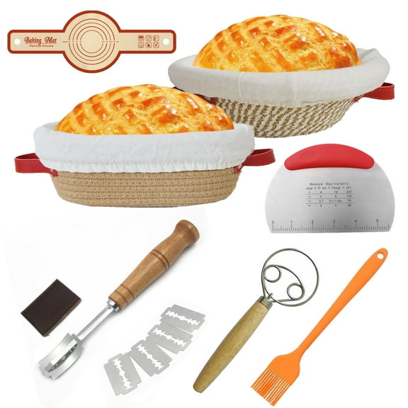 GIRACOA Sourdough Bread Baking Supplies Set, 9 Inch Round & 10 Inch Oval Cane Banneton Bread Proofing Basket Kit Gifts for Bakers Women Wife Mom