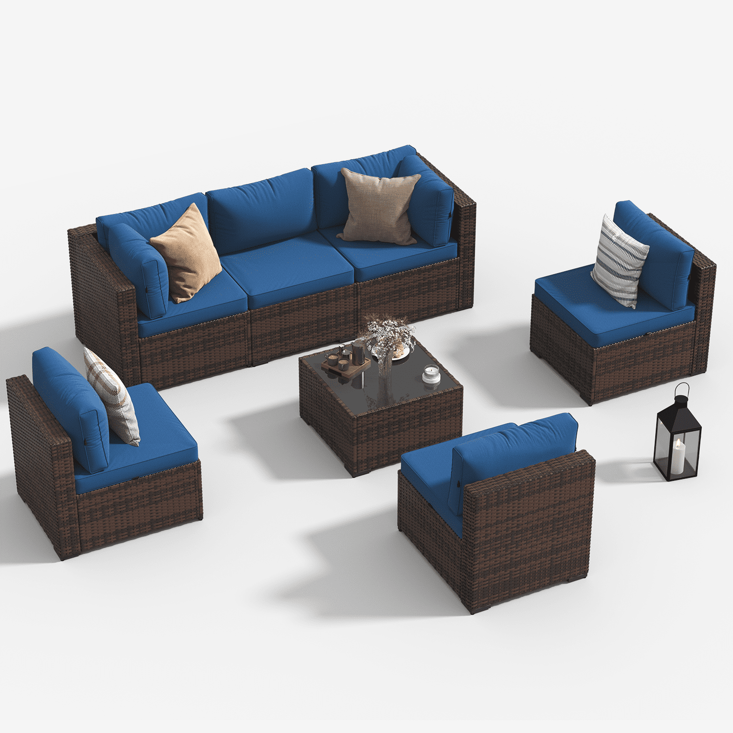 Dateyes 7-Piece Outdoor Patio Sectional Sofa Set, All-Weather Wicker Rattan Furniture with Coffee Table & Waterproof Cover (Blue)