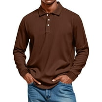 Fabrcox Fall Spring Polo Shirts for Men Long Sleeve Button Collared Fashion Pullover Golf Shirts Basic Solid Color Casual Polo Shirts Brown L