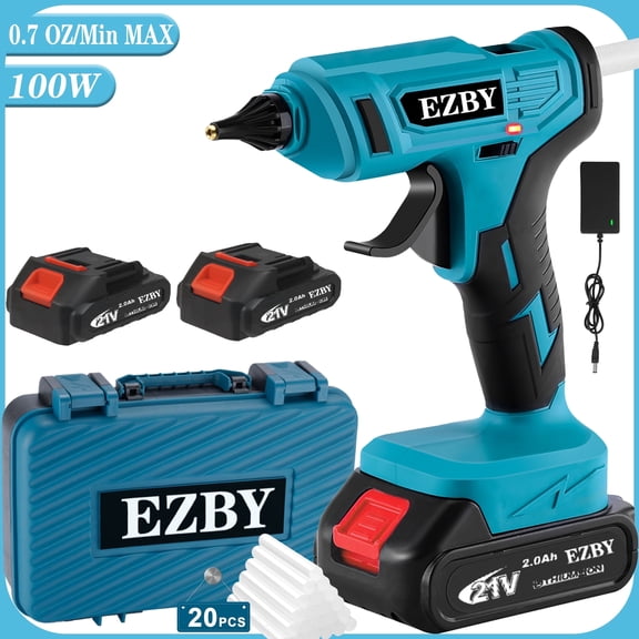 EZBY Cordless Hot Glue Gun with 2 Batteries,20 Glue Sticks,Storage Case,100W Power PTC Heating for DIY,Festival Decor and Gifts