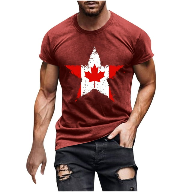 Pisexur T Shirts for Man , T-Shirt à Manches Courtes Col Rond Imprimé Drapeau Canadien pour Hommes - Rouge, TG Chemises de Golf Hommes & Chemises Hommes