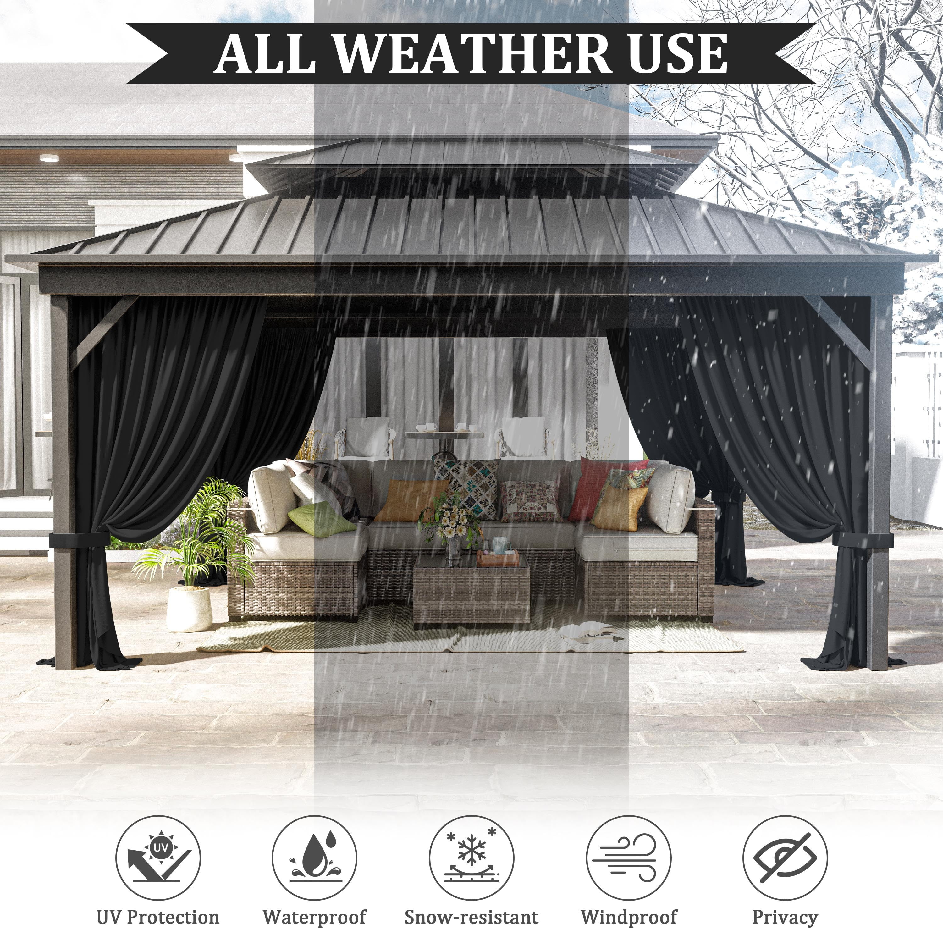 Pakunoda 4 Panel 12' X 6.5' Outdoor Curtains for 12' X 12' Gazebo, Waterproof Outdoor Privacy Curtain Panel set of 4, Black(Curtain Only)