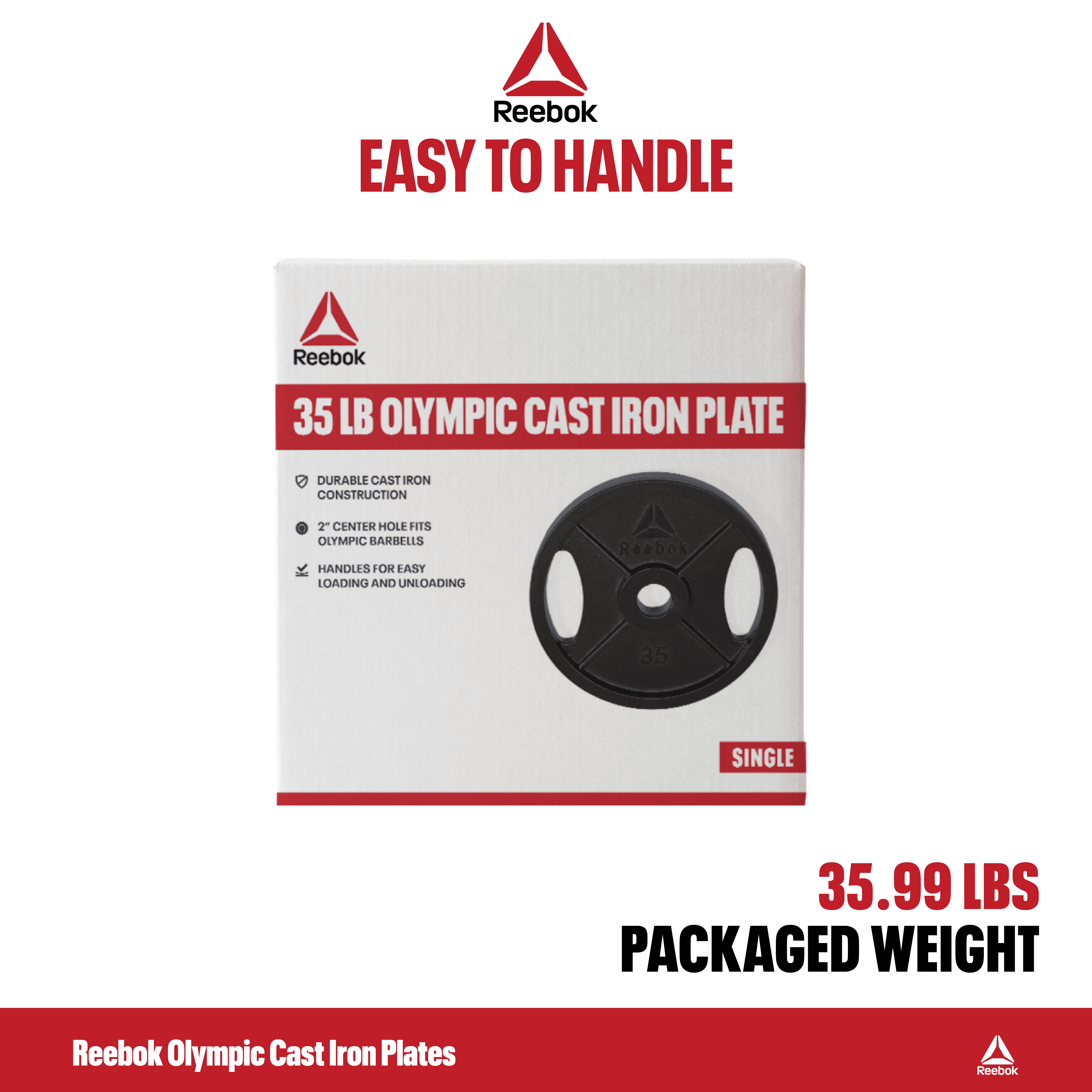 Reebok 35lb Olympic Cast Iron Precision Weight Plate with 2-Grip Handles for Strength Training