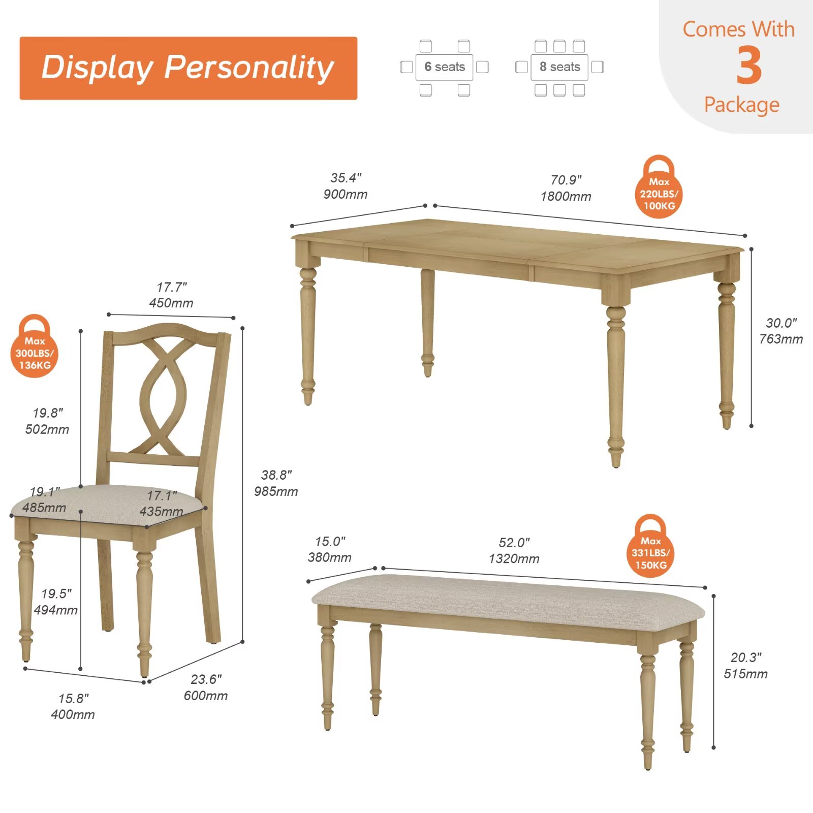 4 Piece Dining Table Set for 4-6 People - Includes One Dining Table, One Upholstered Bench, 2 Wood Dining Chairs, Rustic Dining Set for Kitchen, Oak