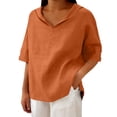 thumbnail image 2 of Womens Summer Tops V Neck Lapel Solid Color Cotton Linen Loose Hooded Top T Shirt Short Sleeve T Shirt, 2 of 4