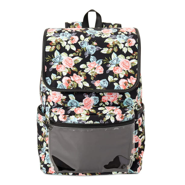 No Boundaries Nylon Flap Backpack with Vinyl Pocket, Black Floral ...