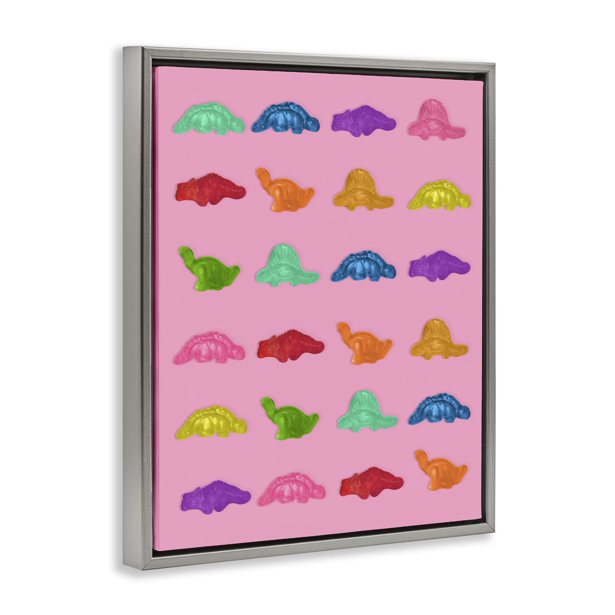 Stupell Industries Dinosaur Gummies on Pink Gray Framed Floater Canvas Wall Art, design by LISH Creative