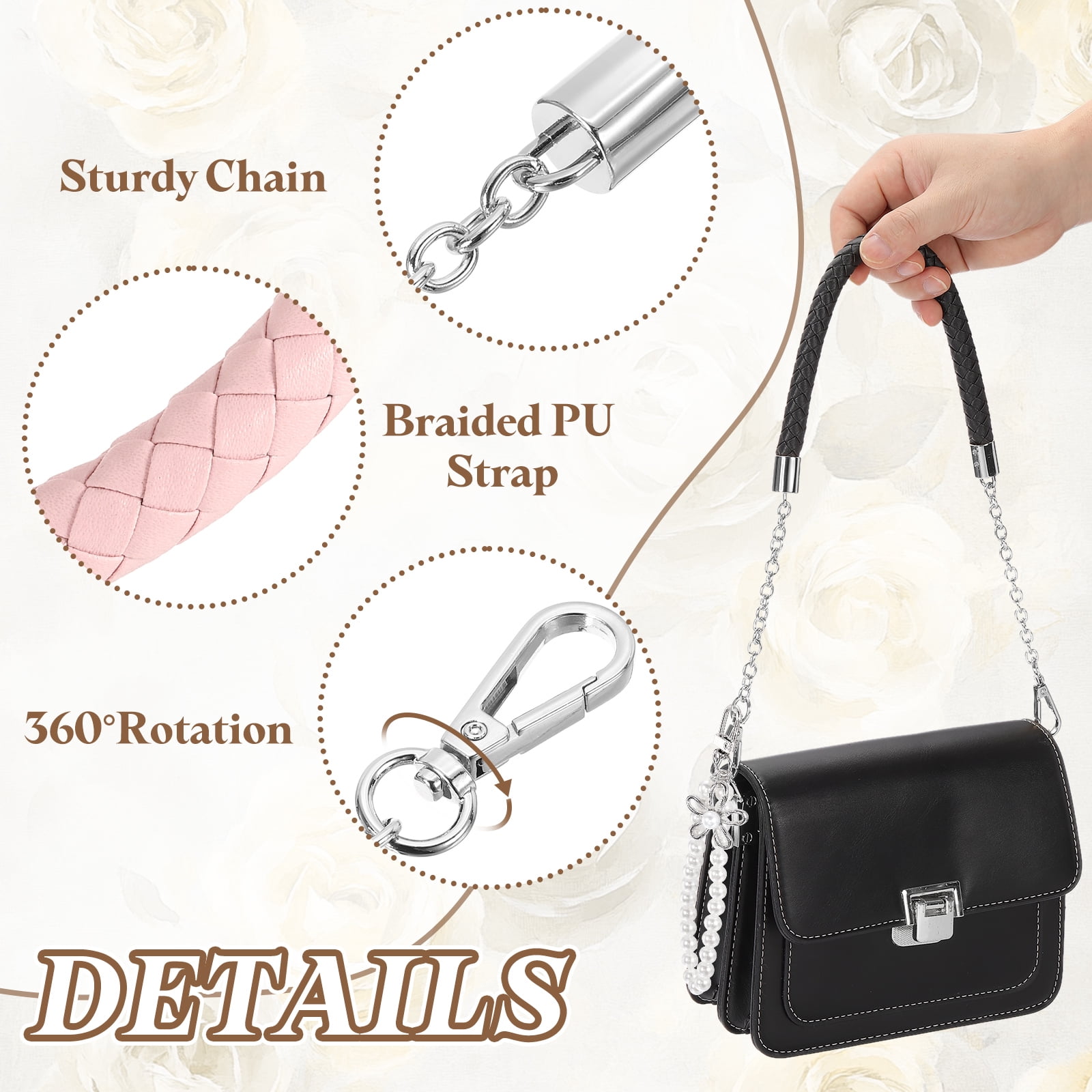 Uxcell 2 Pcs PU Leather Chain Purse Strap, 23.6 Inch Braided Purse Handles Replacement Strap with Pearl Pendant for Tote Bag Handbag Underarm Bag (Light Pink, Silver Chain)
