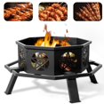 thumbnail image 3 of Fire Pit for Outside, 35" Outdoor Wood Burning Firepit with Fire Poker, Outer Ring, Patio Fireplace Octagon Metal Stove for Camping, Outdoor Heating, Bonfire and Picnic, BBQ Fire Pit, Black, 3 of 11