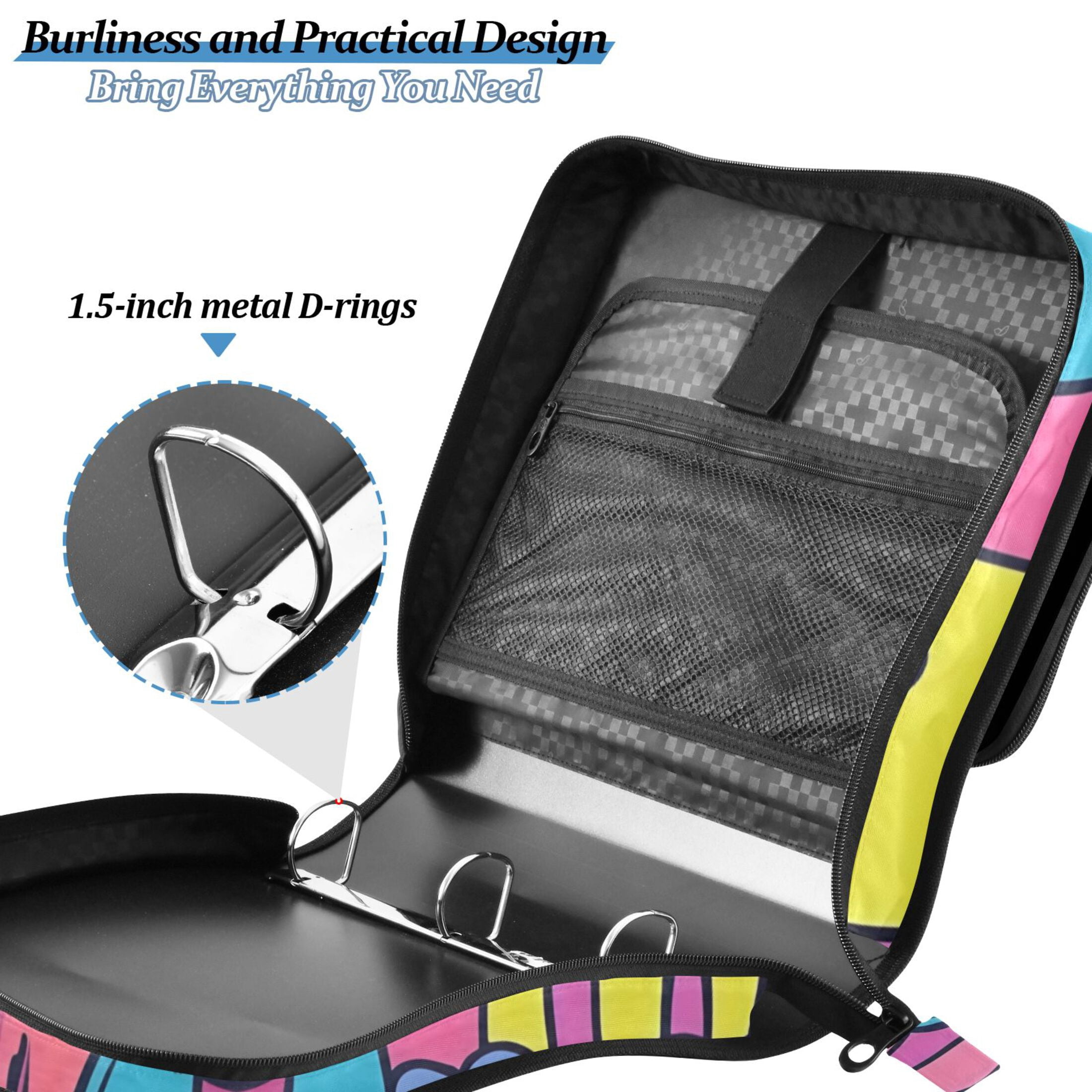 3 Ring Zipper Binder with Shoulder Strap Waterproof Trapper Keeper 2 Inch D-Ring 500 Sheets Capacity Cartoon Teeth