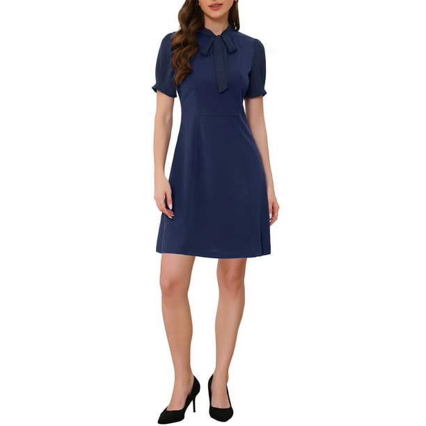 INSPIRE CHIC Vestidos Elegantes para Mujeres con Cuello de Lazo y Mangas Cortas Abullonadas, Vestido para Trabajar, Color Azul Marino