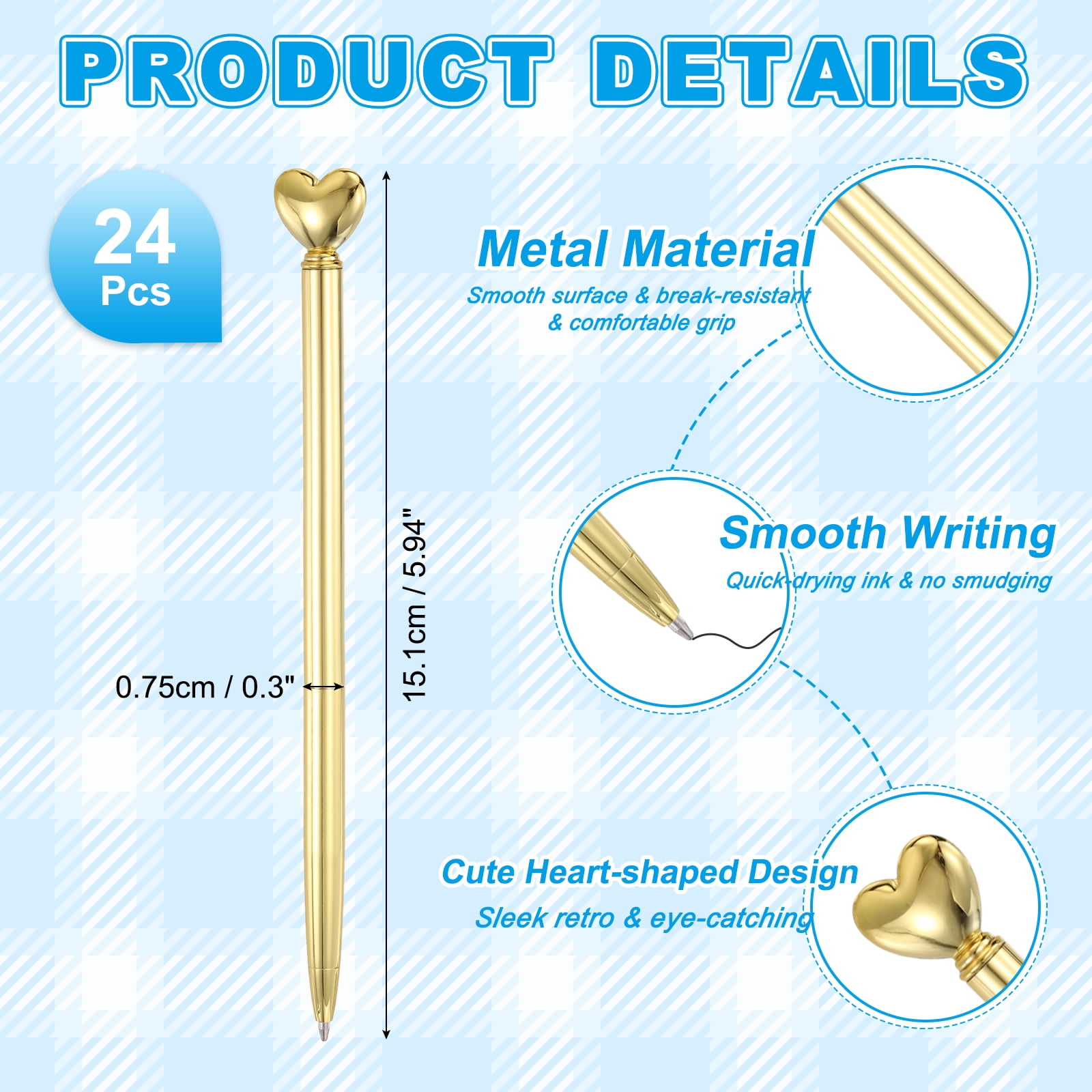 Uxcell Heart Pens 1.0 mm Black Ink, 24 Pcs Metal Cute Pens Heart Ballpoint Retractable for Women Wedding Office Party, Electroplated Gold