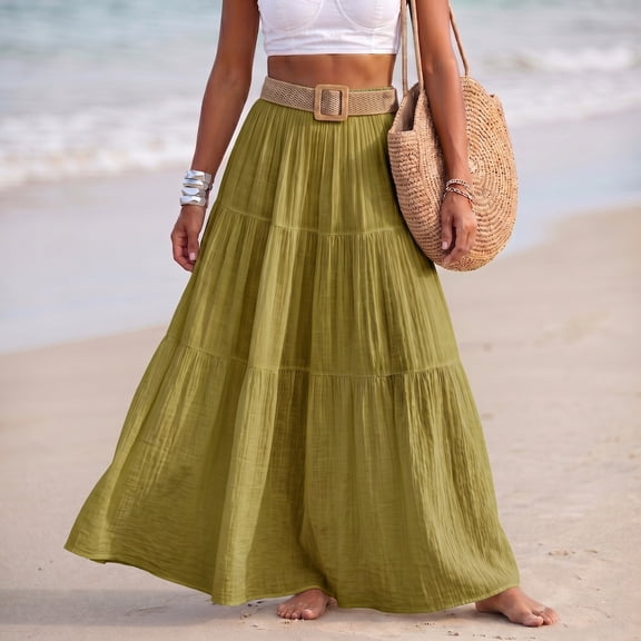 IUYRTFE Women Cotton Linen Smocked Waist Maxi Skirt with Belt Solid Color Flowy Long Beach Skirt