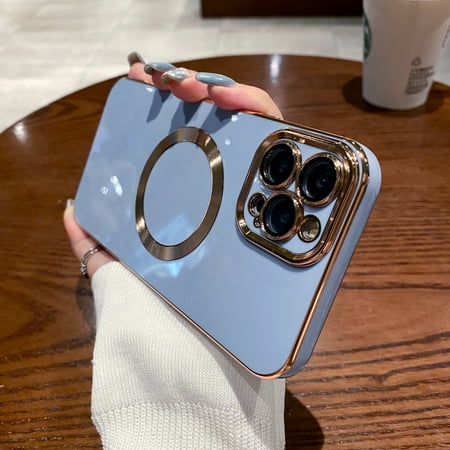 for iPhone 13 Pro Max Magnetic Case MagSafe Support, iPhone 13 Pro Max Case Built-in Camera Protector Plating Gold Soft Silicone TPU Slim Case for iPhone 13 Pro Max 6.7 inch,Blue