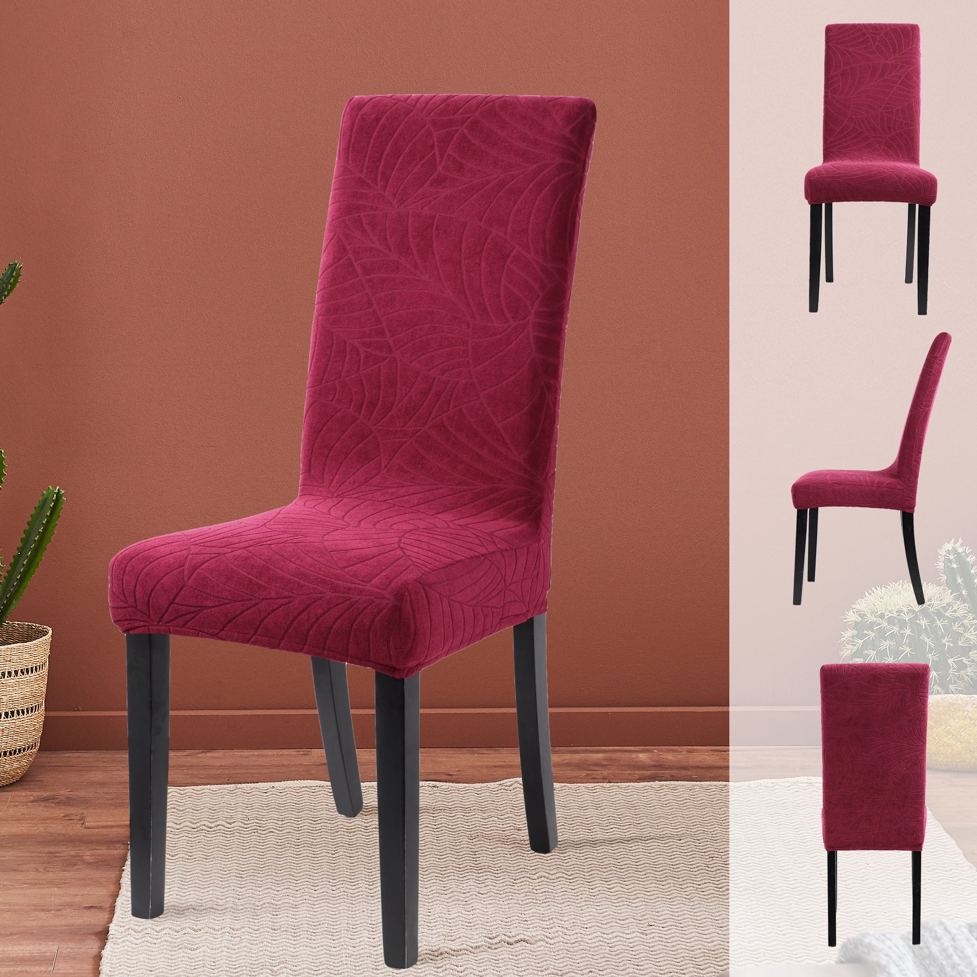Unique Bargains Jacquard Stretch Removable Dining Room Chair Covers Wine Red 6