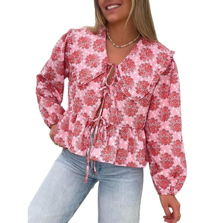 Michellecmm Women s Floral Babydoll Tops Casual Loose Doll Collar Open Front Tie-Up Ruffled Hem Long Sleeve Blouse for Fall