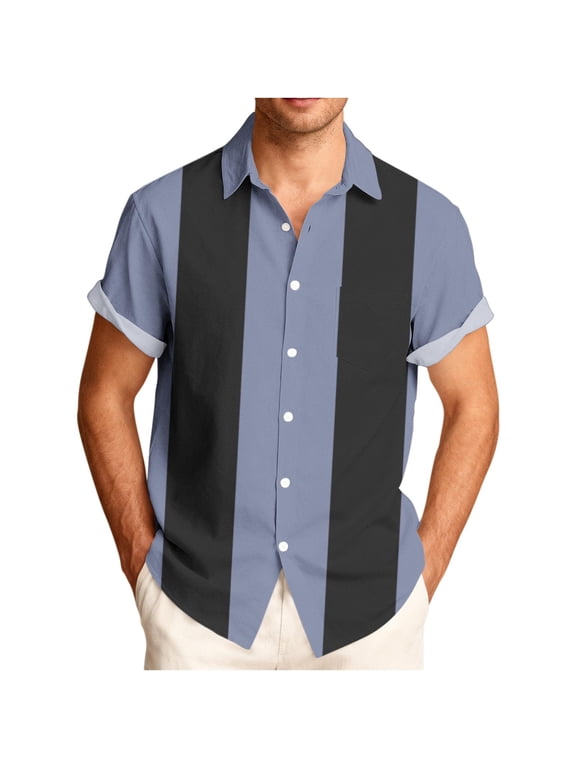 Mens Oversized Collared Short Sleeve Wide Neutral Stripe Button Shirt, Lightweight Top for Coastal Weekend Getaways Gray XXL