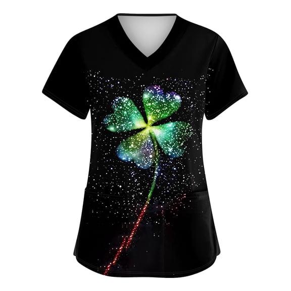 Womens St.patrick's Day Scrub Tops Clover V Neck Holiday Scrubs Shamrock Short Sleeve Nursing Irish Workwear with Pockets Black 4XL